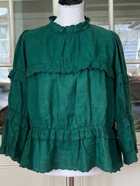 Isabel Marant Etoile Loxley Ruffled Green Linen Blouse Medium/EU 40, Embroidered